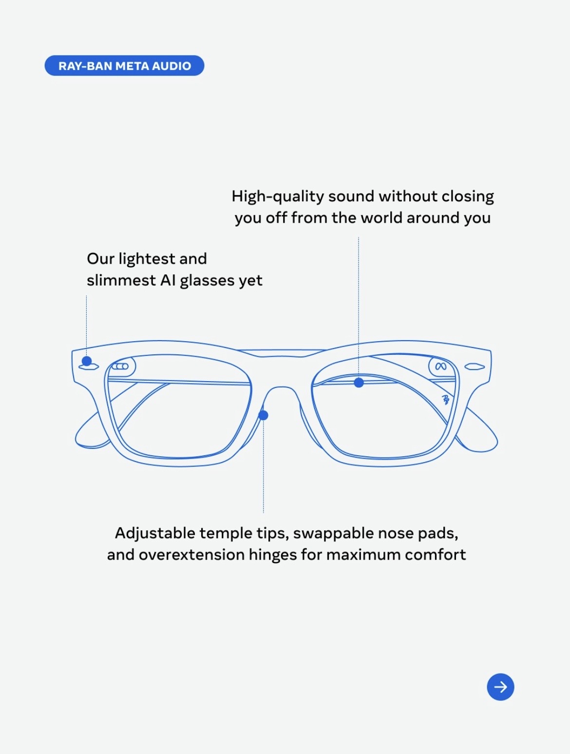 Kamerasız Ray-Ban Meta Audio gözlüğün çerçeve, burun desteği ve sap ayrıntılarını gösteren çizim
